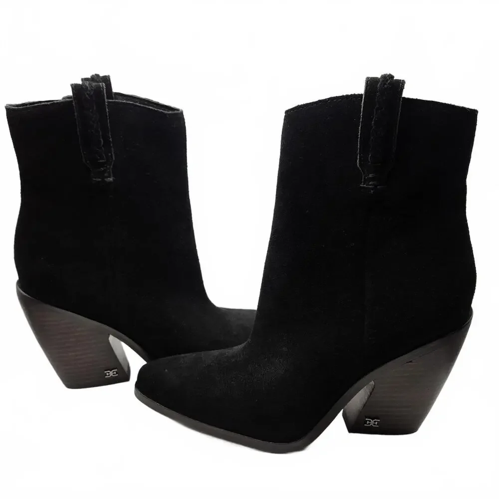 Sam Edelman Agnes Black Suede Western Booties Pointed Toe Block Heel Women’s 6M
